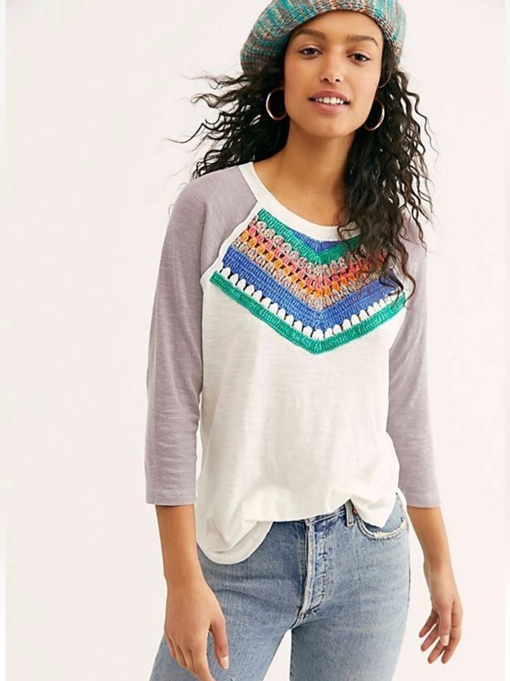 Free People We The Free Crochet Yoke Raglan Top XS Boho Festival Tee